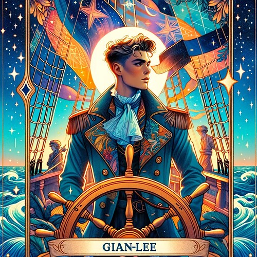 DALL·E 2023-11-13 11.33.49 - A highly unique tarot card for GianLee, set against a background that embodies their personal journey and aspirations. The card is 'The Navigator', sy