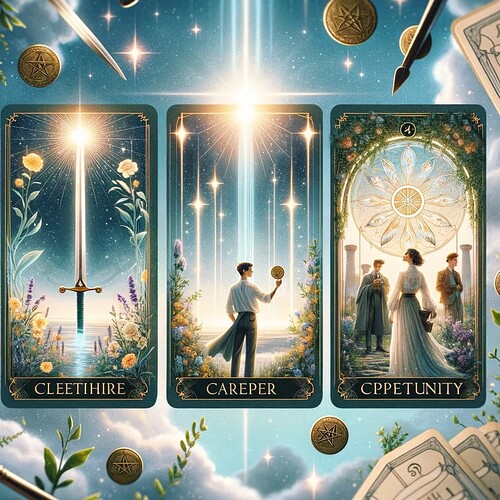 DALL·E 2023-11-11 20.55.53 - A three-card tarot spread for career insights for a member named 'Light', laid out on a luminescent, ethereal background. The first card is the Ace of