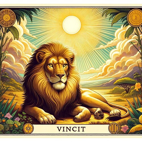 DALL·E 2023-11-16 07.30.57 - A tarot card for forum member Vincit, featuring a regal lion resting in a sun-drenched savannah. The lion, a symbol of courage, authority, and wisdom