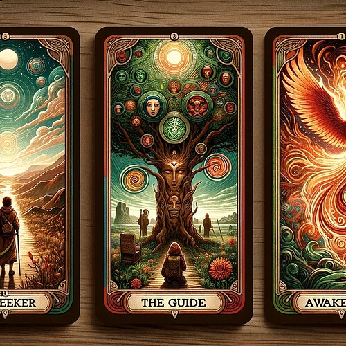 DALL·E 2023-11-26 19.33.54 - Tarot cards representing AvatarHao's spiritual journey. The first card is 'The Seeker', depicting a lone figure standing at the crossroad