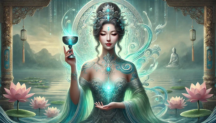Kwan Yin of the Turquoise Tattoos fused with the Queen of Cups