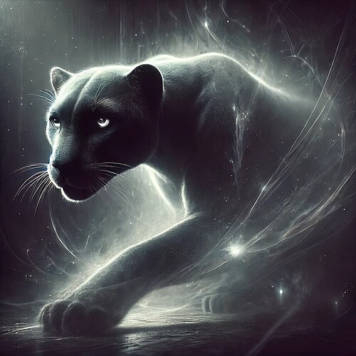 DALL·E 2024-10-30 17.19.10 - An ethereal, mystical image of a sleek panther emerging from a dark void. The panther is shrouded in shadow and faint silver light, with faint glowing