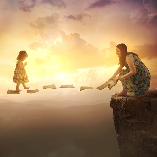 Child walking on pages over cliff by Kevin Carden